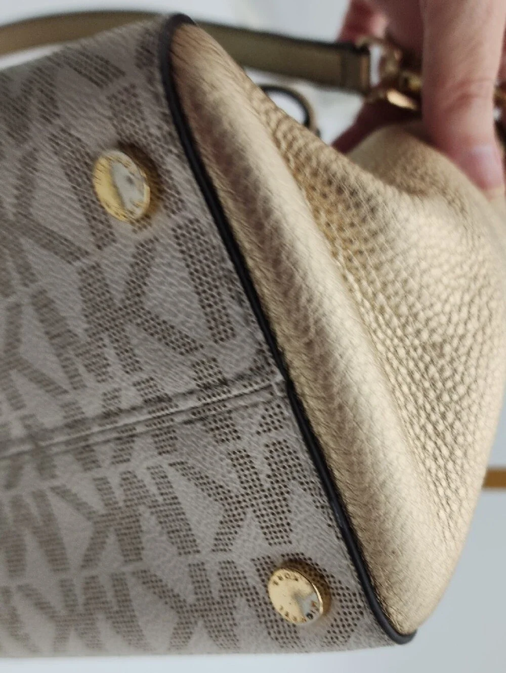 Michael Kors Metallic Gold Logo Satchel with Beige Paneling